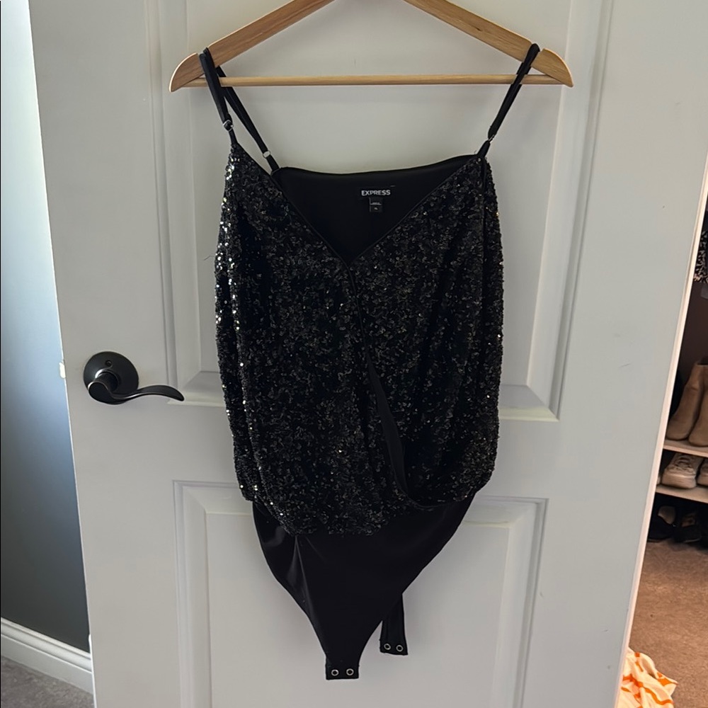 Express Black Sequin Wrap Bodysuit